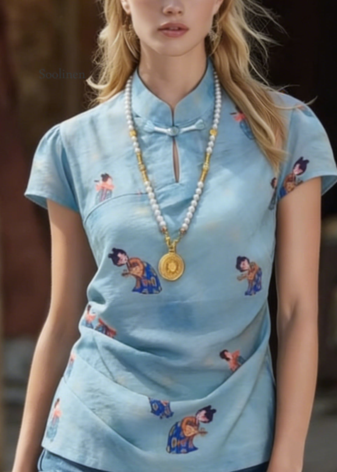Chinese Style Blue Stand Collar Print Cotton Shirts Summer