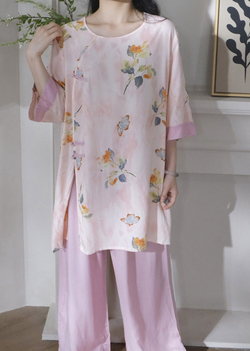 Chinese Style Green O-Neck Print Lingerie Set Short Sleeve