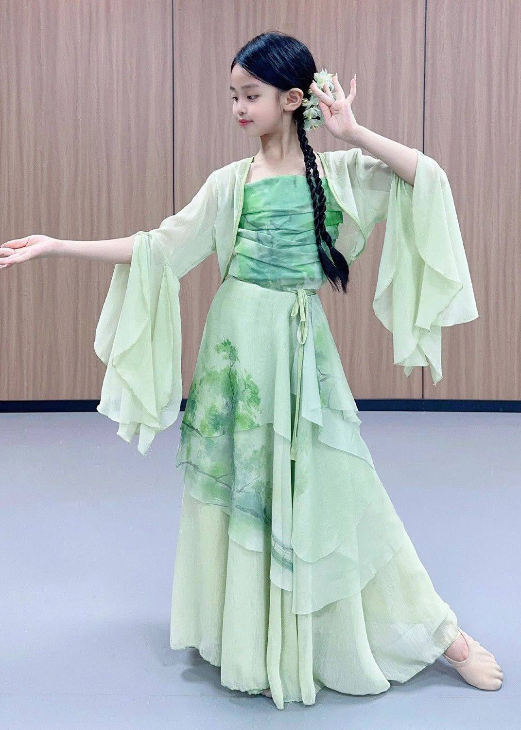 Chinese Style Green Print Wrinkled Tulle Kids Four Piece Set Outfits Spring