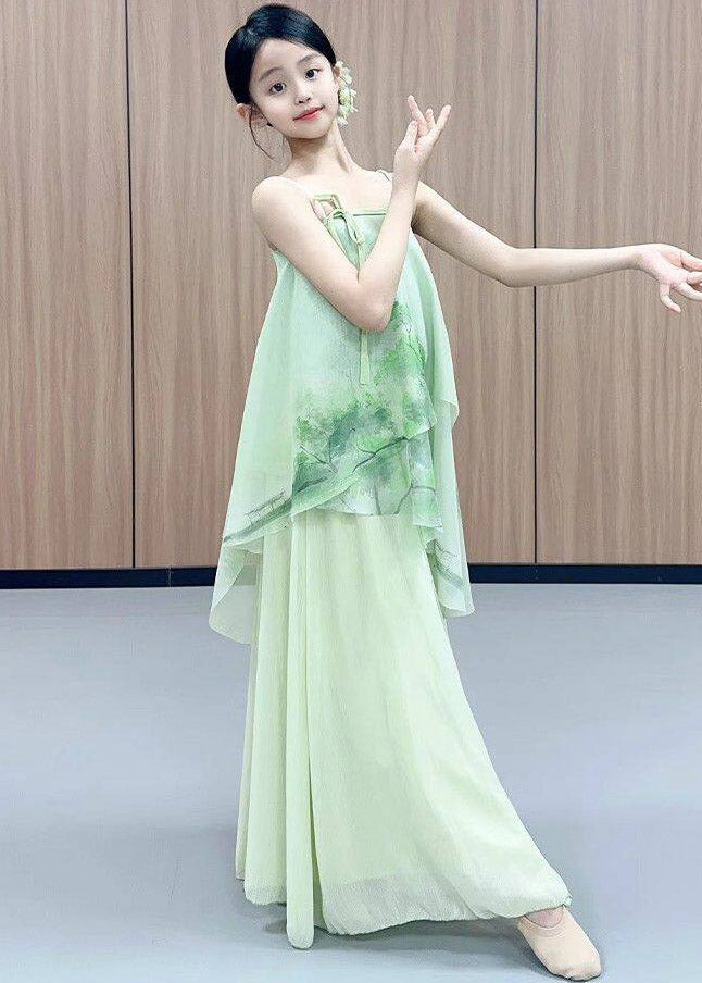 Chinese Style Green Print Wrinkled Tulle Kids Four Piece Set Outfits Spring