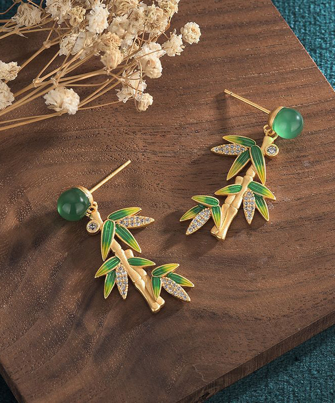 Chinese Style Green Sterling Silver Overgild Chalcedony Bamboo Leaves Drop Earrings