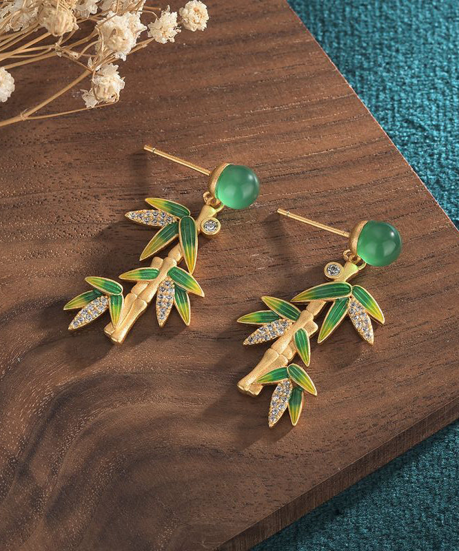 Chinese Style Green Sterling Silver Overgild Chalcedony Bamboo Leaves Drop Earrings
