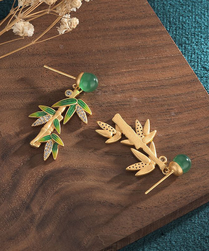 Chinese Style Green Sterling Silver Overgild Chalcedony Bamboo Leaves Drop Earrings
