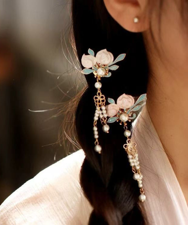 Chinese Style Multicolor Copper Alloy Pearl Drip Glaze Tassel A Pair Hairpin