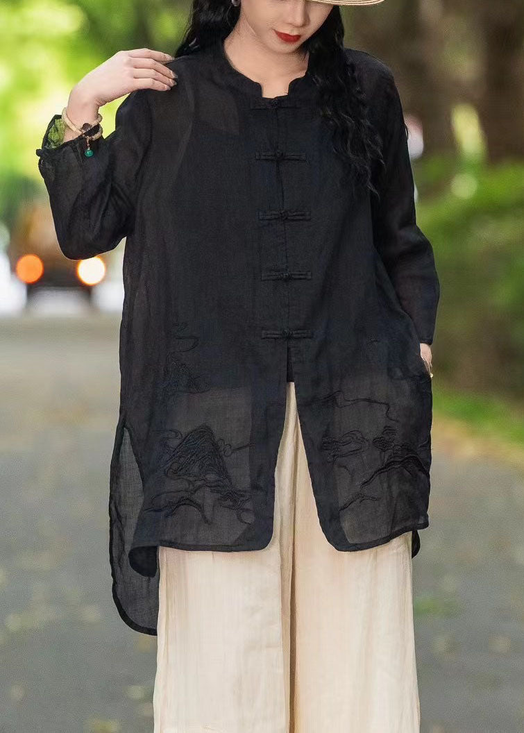 Chinese Style Orange Embroidered Linen Shirt Tops Summer