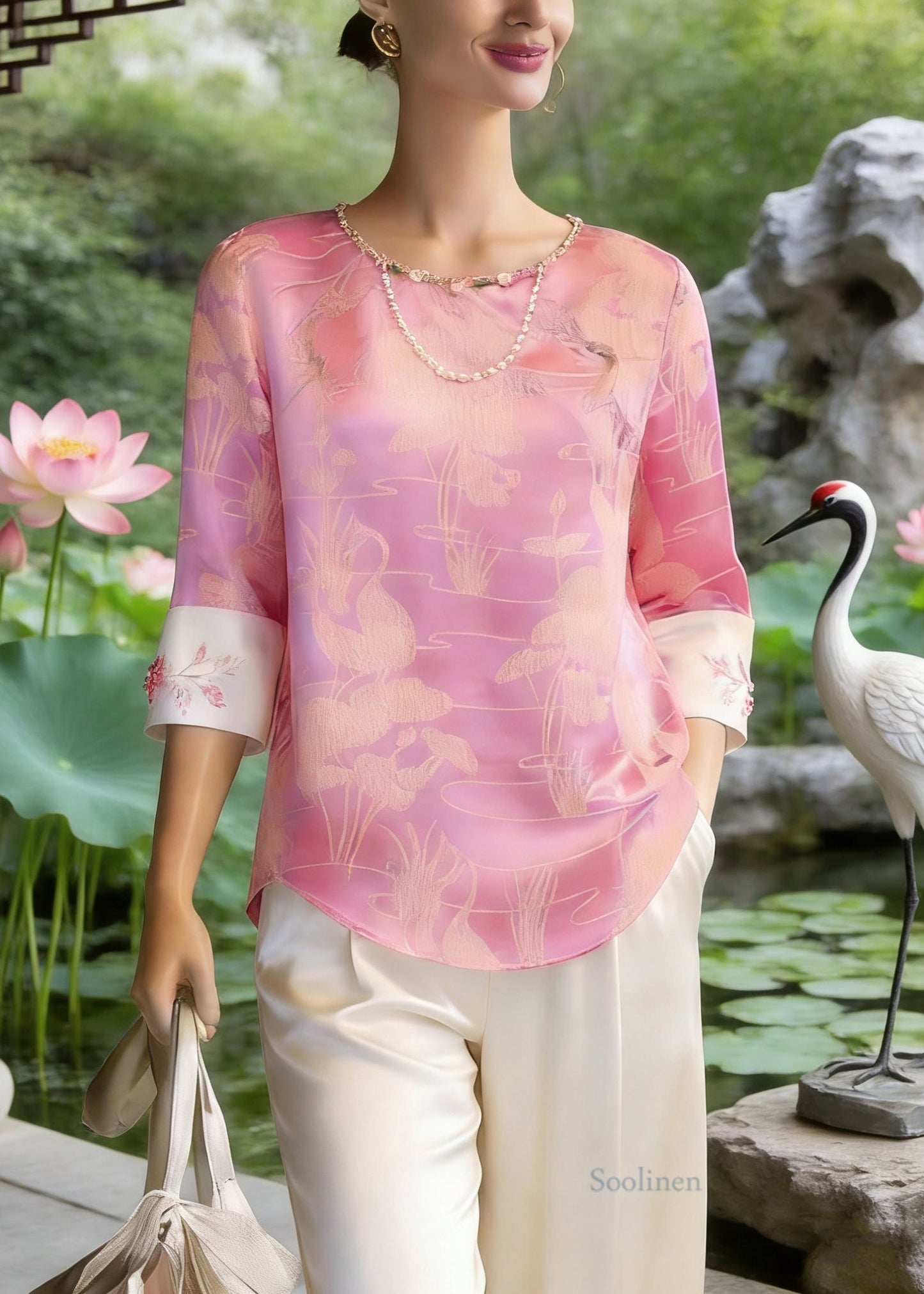 Chinese Style Pink O-Neck Print Silk T Shirt Three Quarter Sleeve