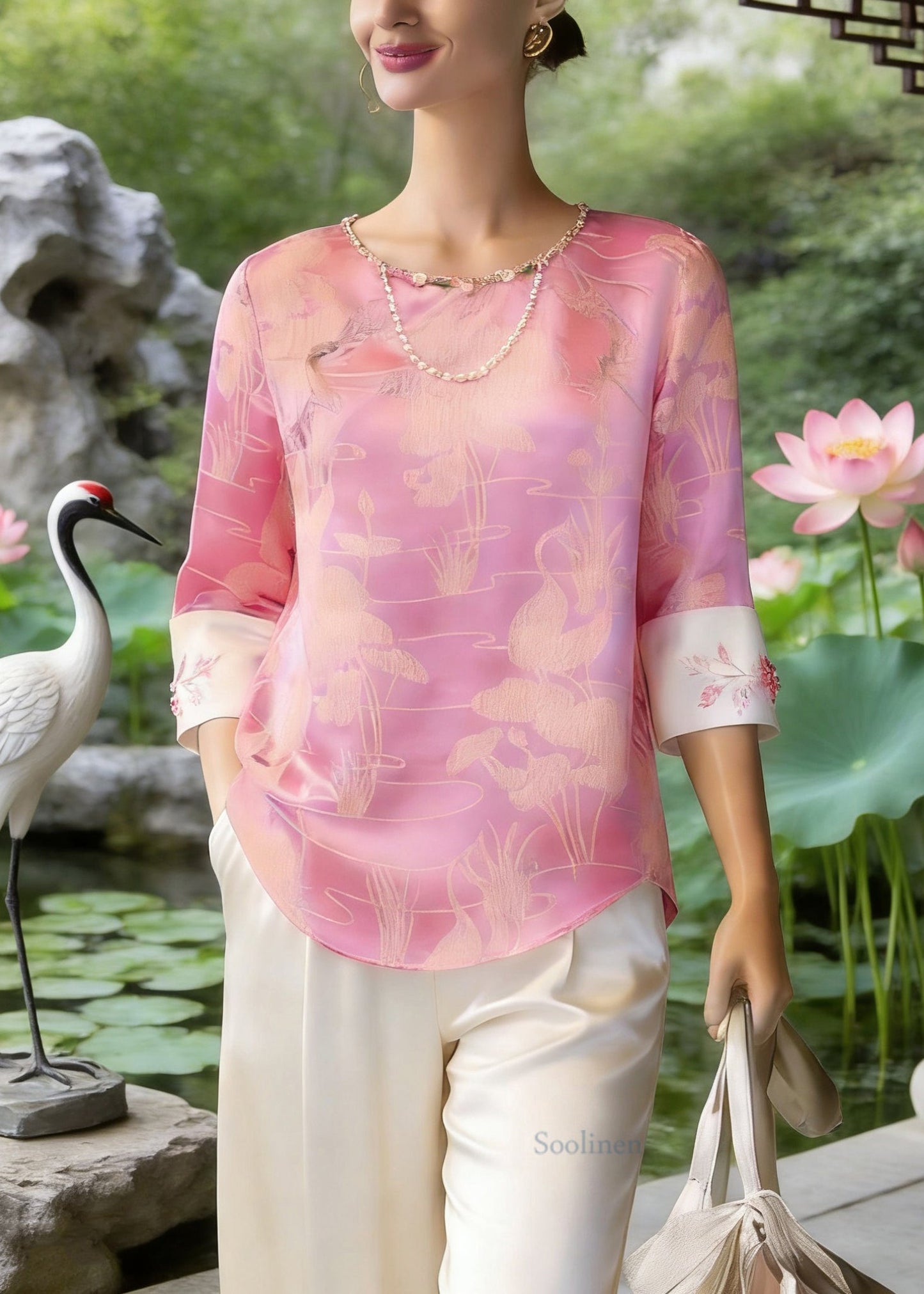 Chinese Style Pink O-Neck Print Silk T Shirt Three Quarter Sleeve