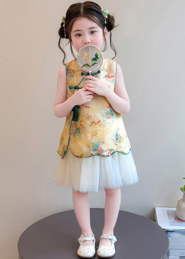 Chinese Style Red Stand Collar Print Tulle Patchwork Kids Long Dress Summer
