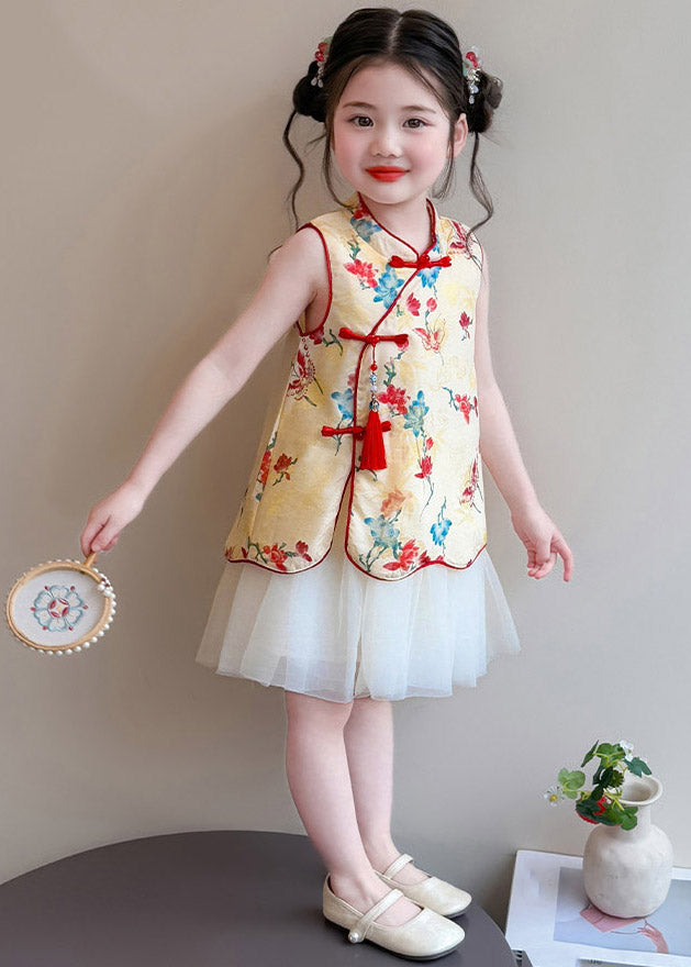 Chinese Style Red Stand Collar Print Tulle Patchwork Kids Long Dress Summer