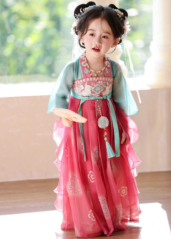 Chinese Style Red Tie Waist Patchwork Girls Long Dresses Summer