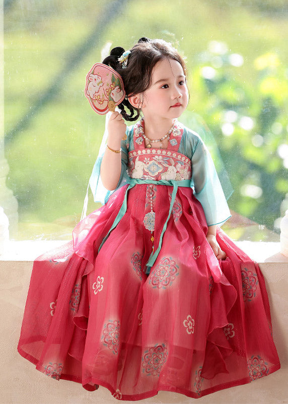 Chinese Style Red Tie Waist Patchwork Girls Long Dresses Summer