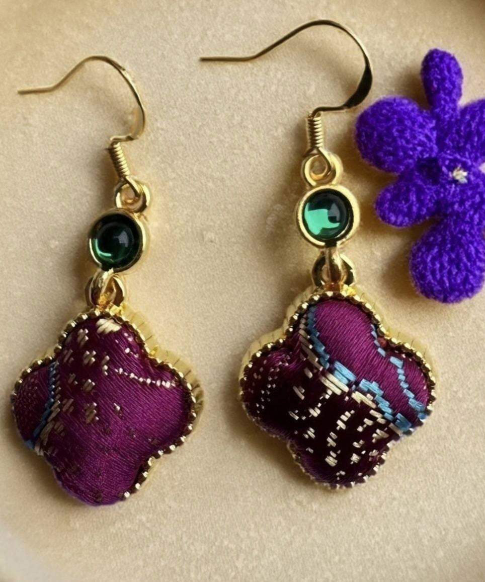 Chinese Style Royal Blue Sterling Silver Overgild Four-Leaf Clover Drop Earrings