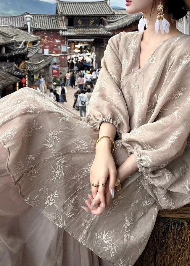 Chinese Style V Neck Print Maxi Dresses Lantern Sleeve