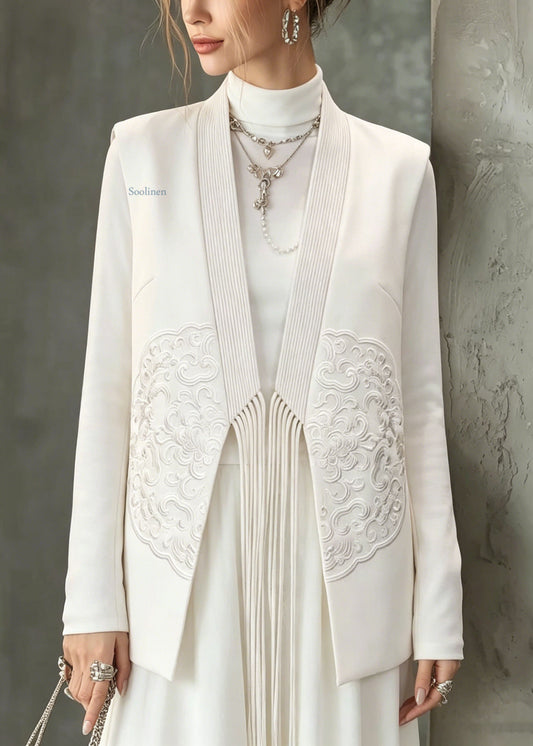 Chinese Style White Embroidered Tassel Cotton Vest Fall