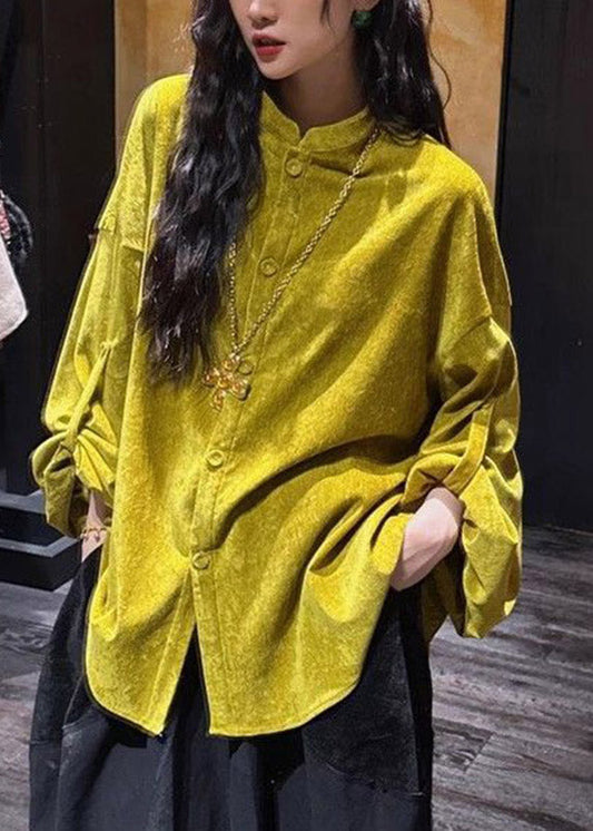 Chinese Style Yellow Patchwork Button Solid Top Spring