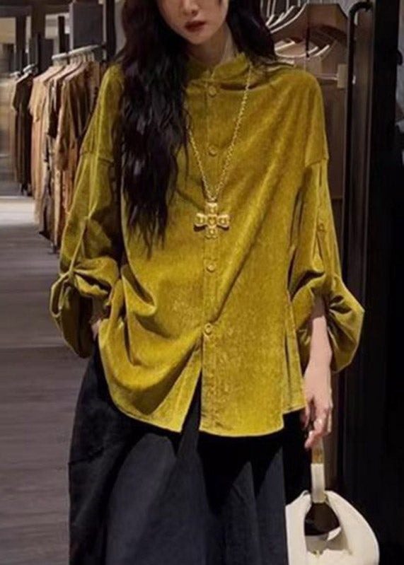 Chinese Style Yellow Patchwork Button Solid Top Spring
