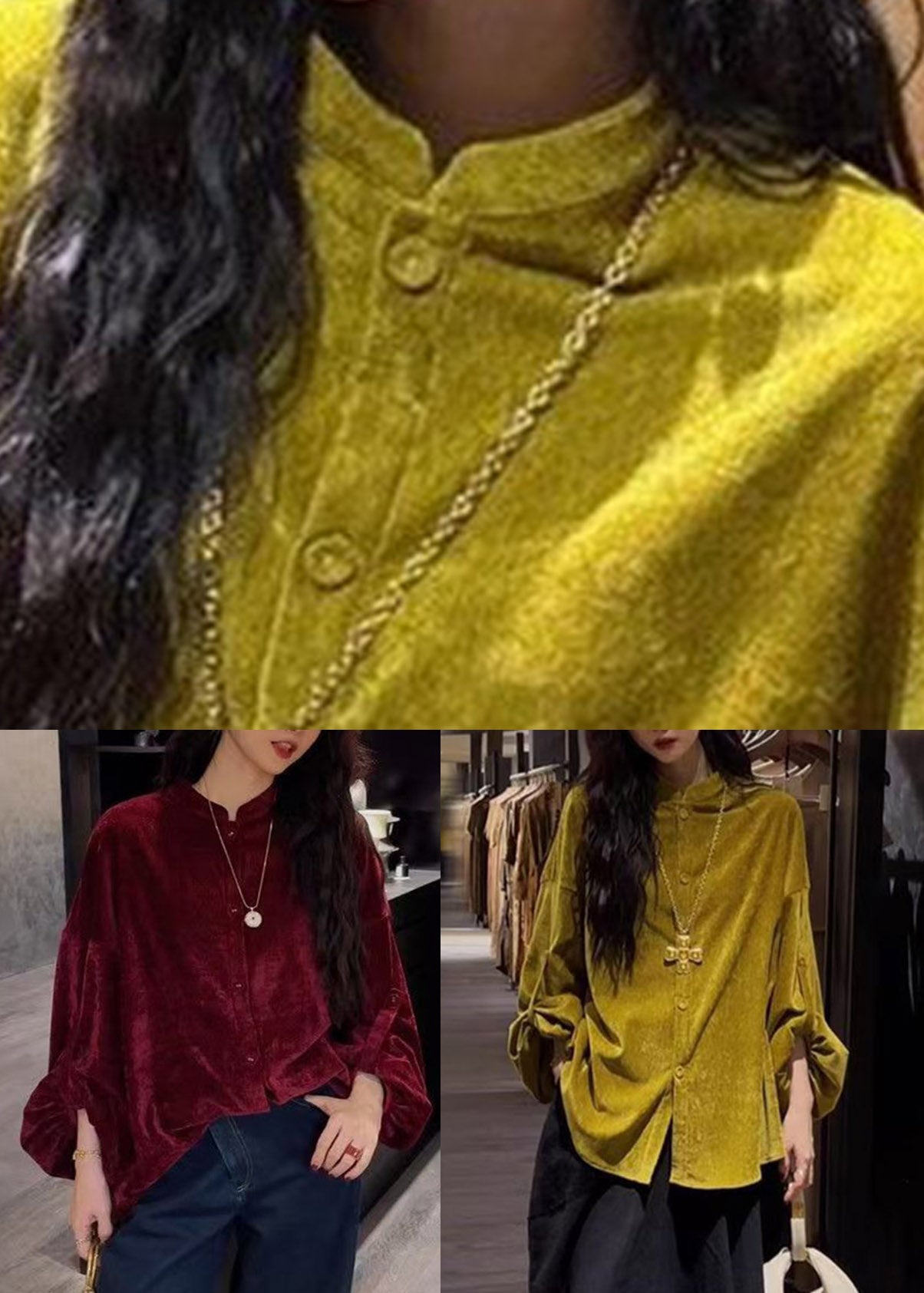 Chinese Style Yellow Patchwork Button Solid Top Spring