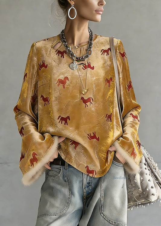 Chinese Style Yellow Print Button Silk Cotton Top Spring