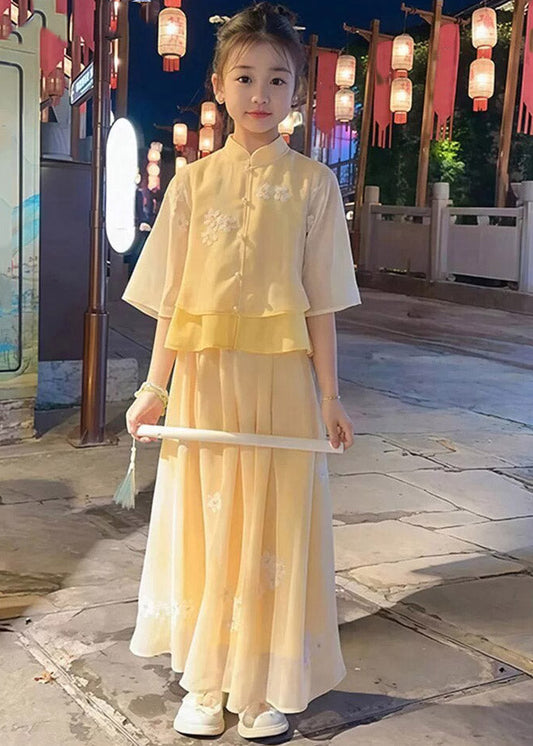 Chinese Style Yellow Print Girls Shirts And Maxi Skirts Two Pieces Set Summer