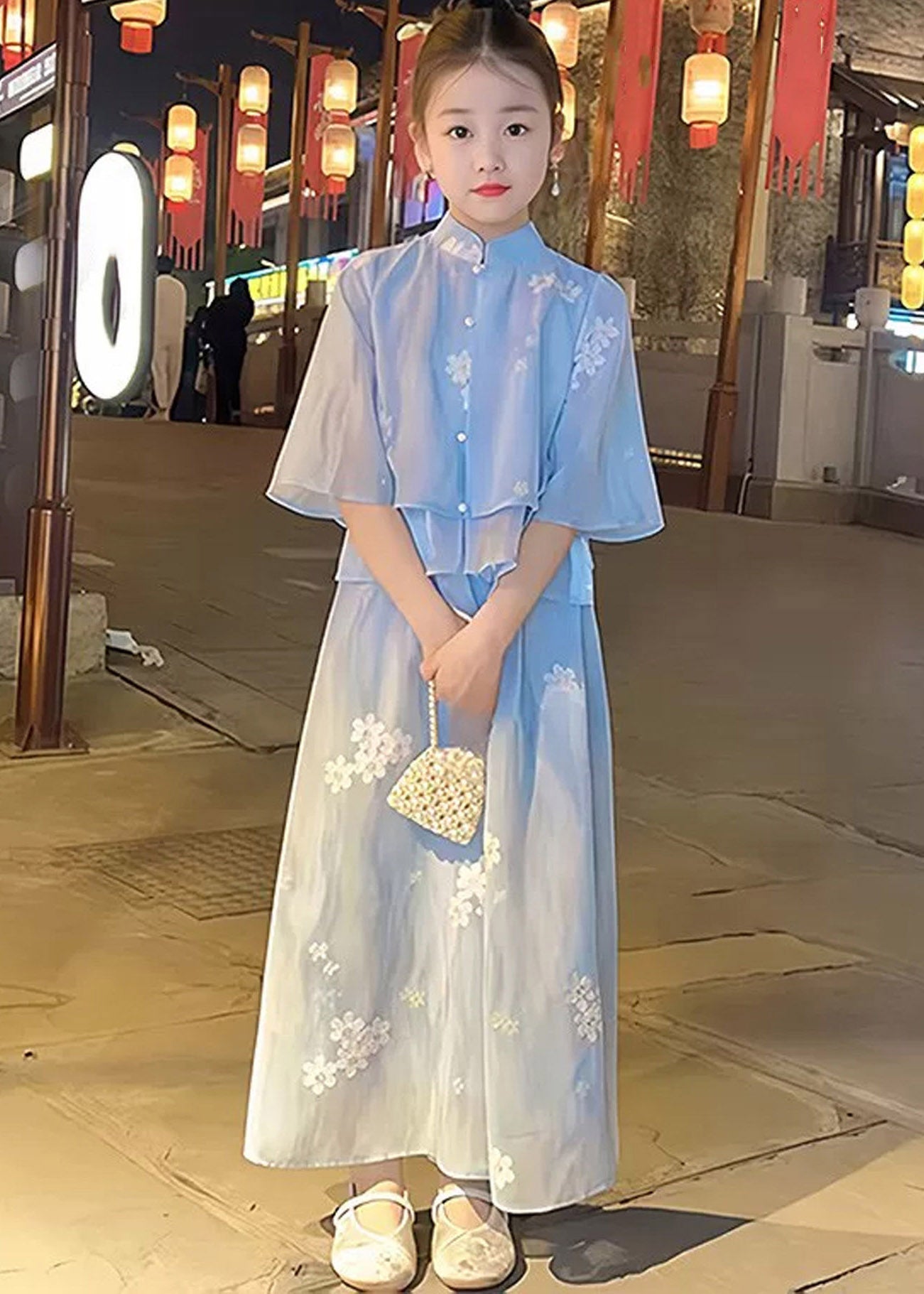 Chinese Style Yellow Print Girls Shirts And Maxi Skirts Two Pieces Set Summer