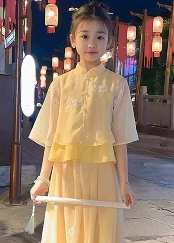 Chinese Style Yellow Print Girls Shirts And Maxi Skirts Two Pieces Set Summer