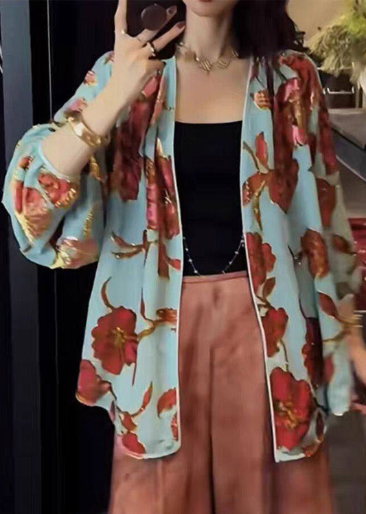 Chinese Style Yellow V Neck Print Silk Velvet Cardigans Long Sleeve