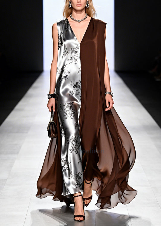 Chocolate Patchwork Chiffon Long Dress Asymmetrical Design Summer