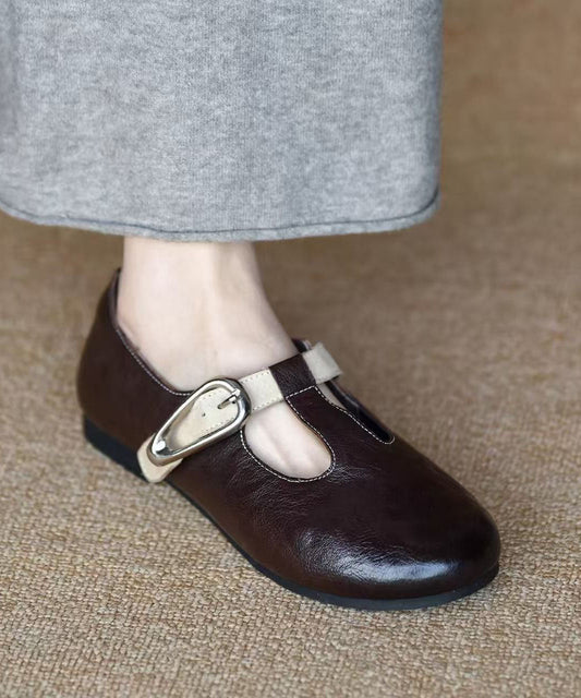 Chocolate Sheepskin Flat Shoes Splicing Buckle Strap