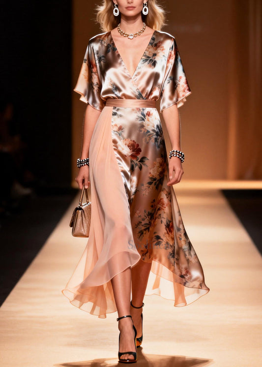 Classy Apricot Asymmetrical Patchwork Print Chiffon Long Dress Summer
