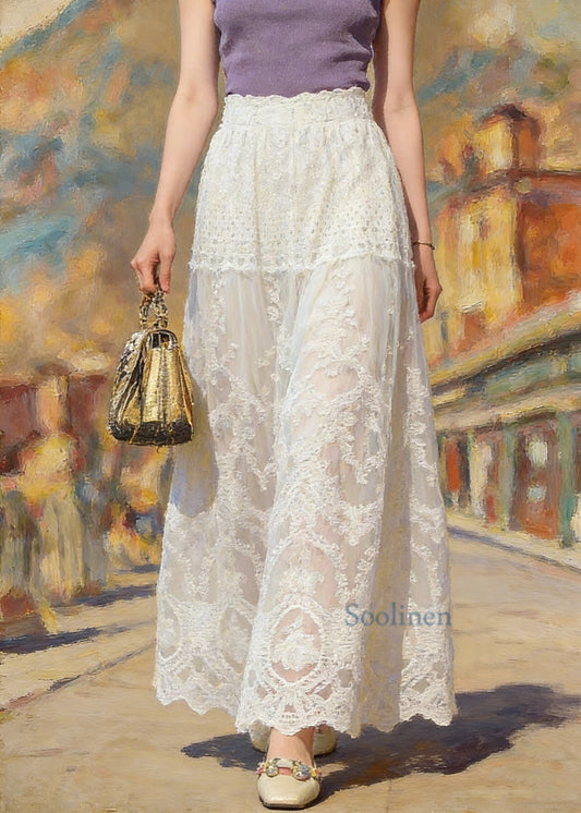 Classy Apricot Patchwork Elastic Waist Lace A Line Skirt Summer