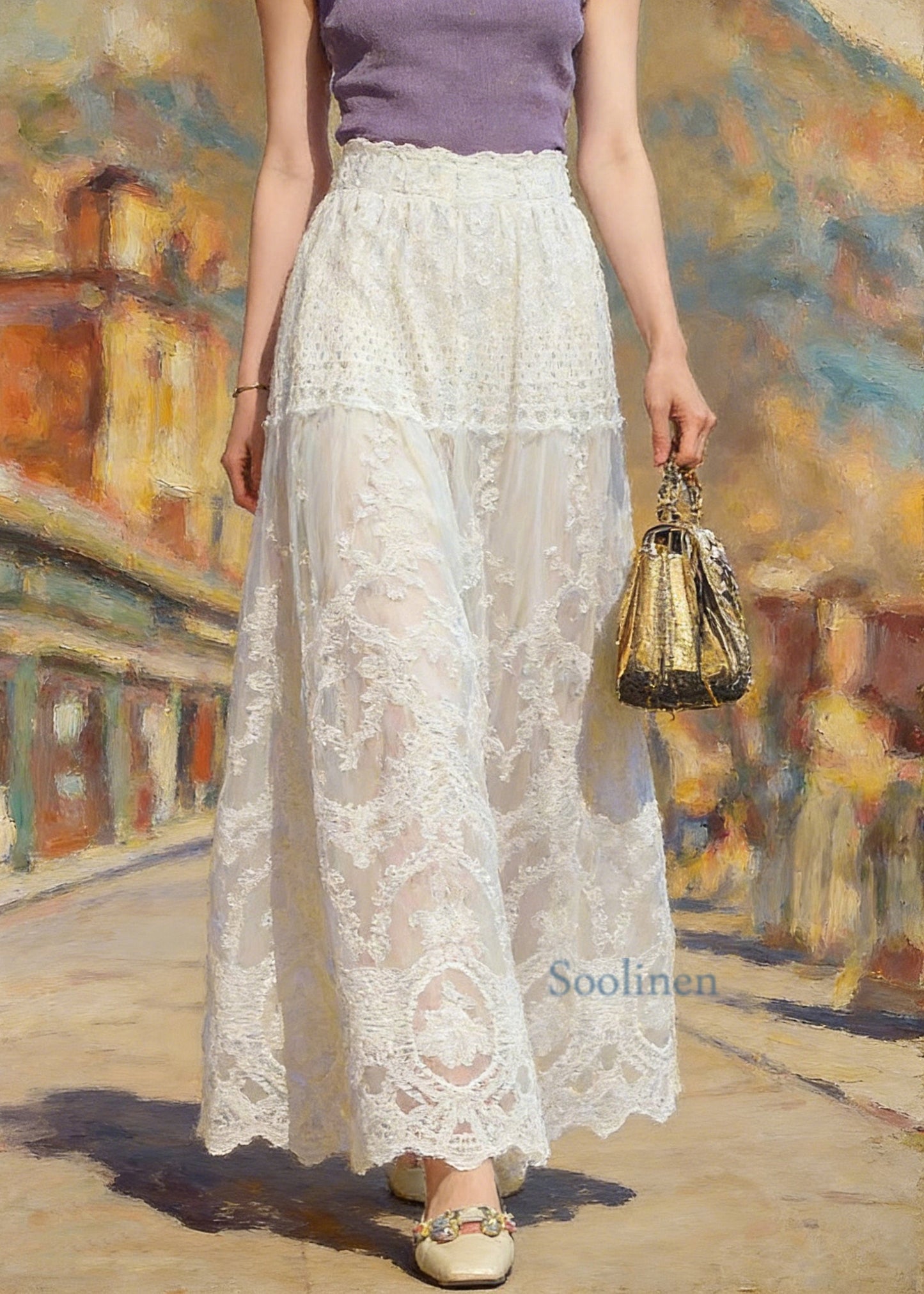 Classy Apricot Patchwork Elastic Waist Lace A Line Skirt Summer