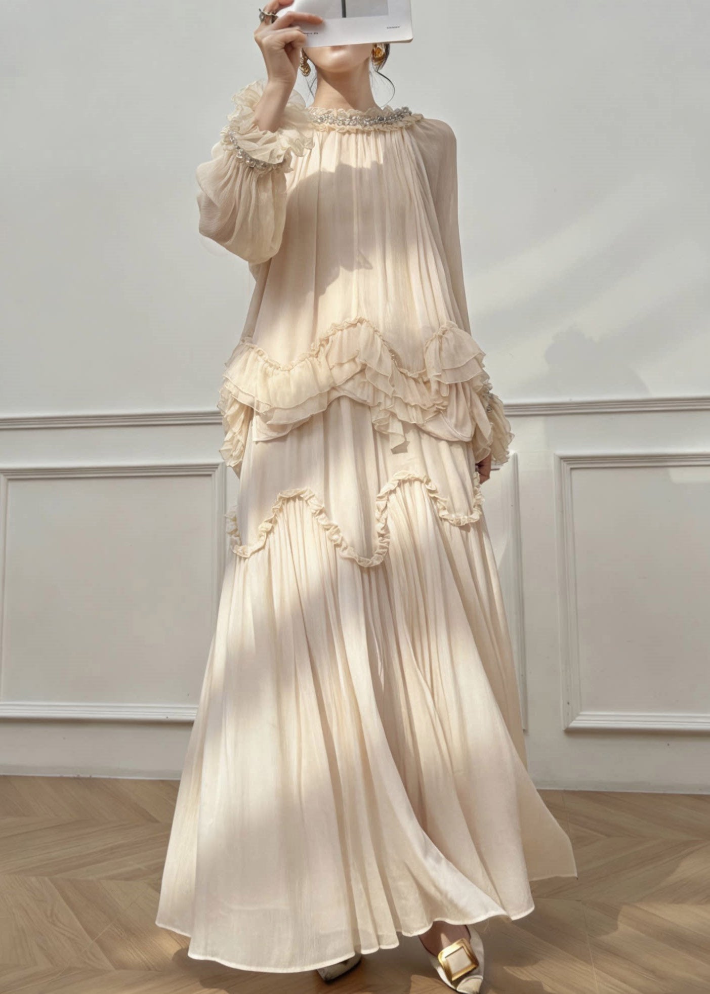 Classy Apricot Turtleneck Wrinkled Silk Shirt And Maxi Skirts Spring
