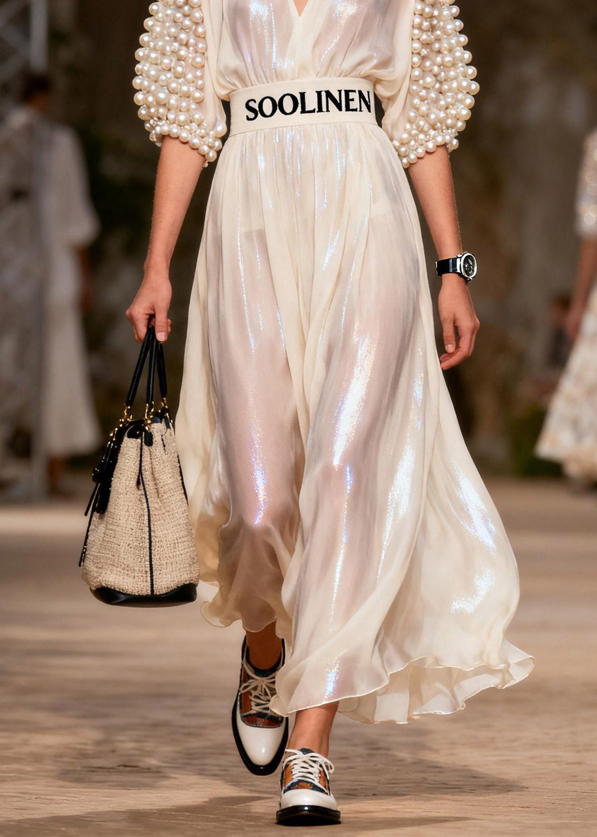 Classy Beige Nail Bead V Neck Silk Long Dress Short Sleeve