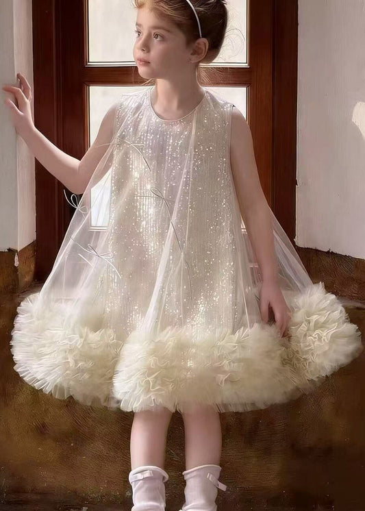 Classy Beige O-Neck Patchwork Tulle Kids Maxi Dress Sleeveless