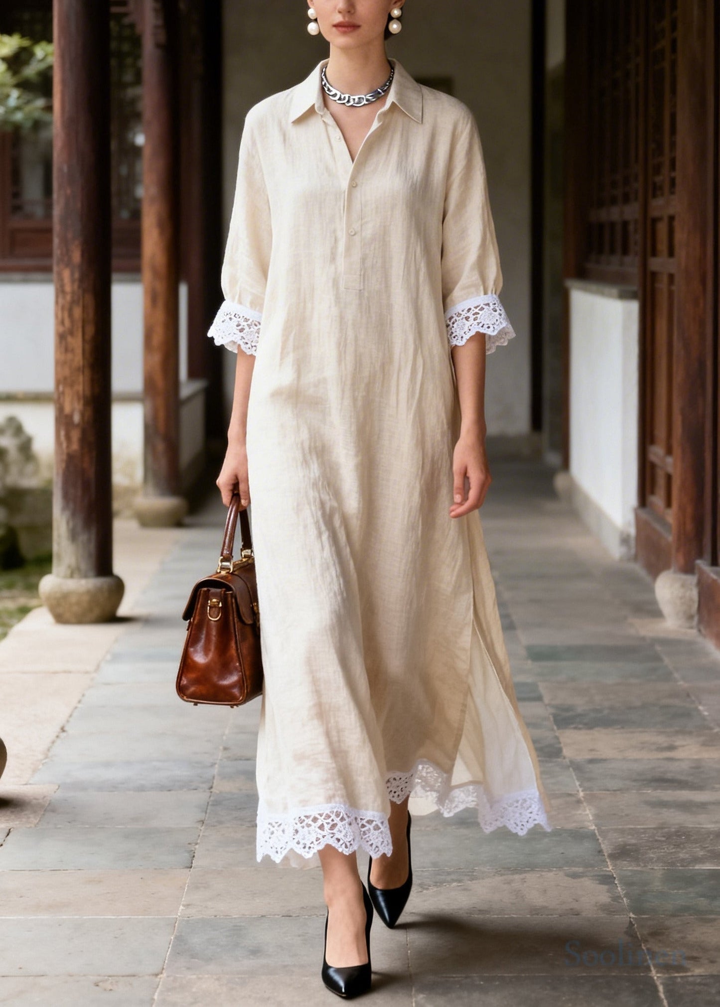 Classy Beige Peter Pan Collar Patchwork Lace Long Dresses Summer
