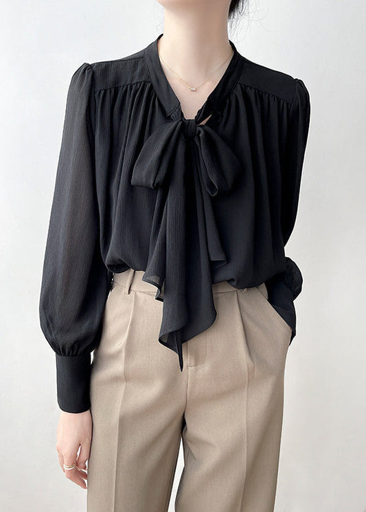 Classy Black Bow Draping Chiffon Shirt Tops Spring