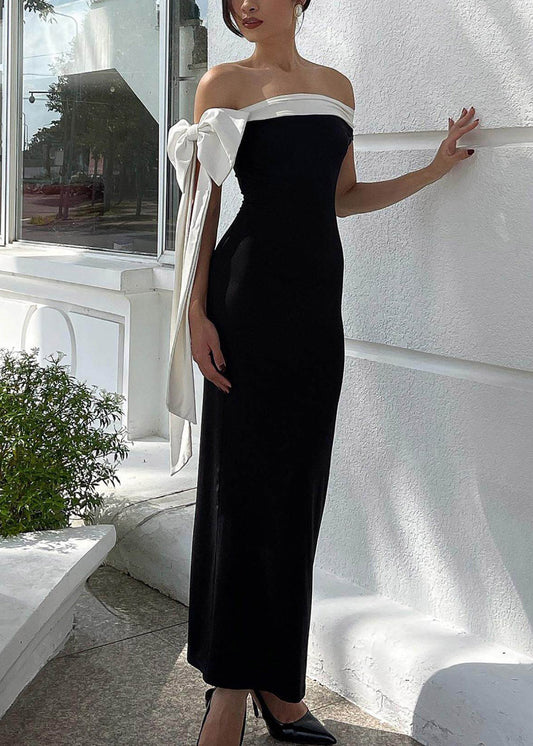Classy Black Cold Shoulder Bow Patchwork Long Dresses Summer