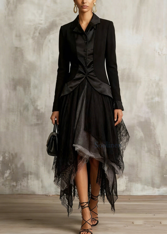 Classy Black Colorblock Tulle Asymmetrical Sesign Skirt Summer