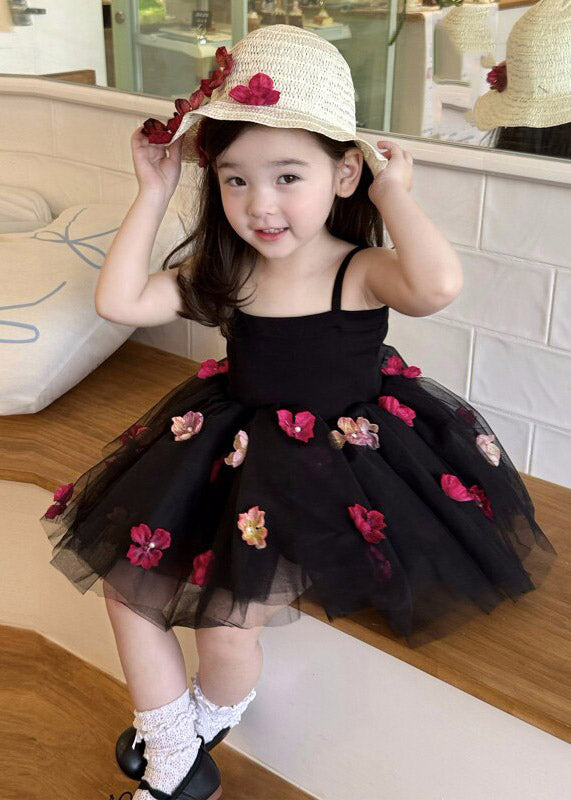 Classy Black Floral Patchwork Tulle Girls Long Spaghetti Strap Dress Summer