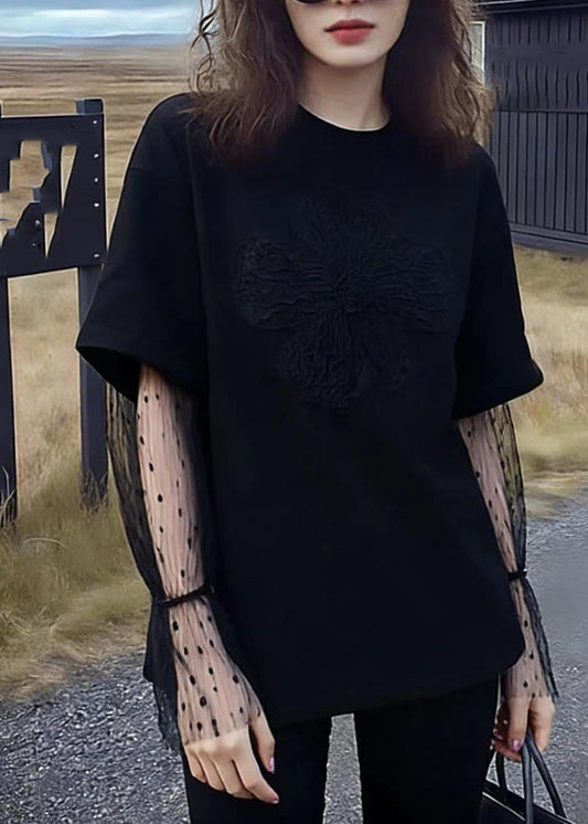 Classy Black Lace Patchwork Fake Two-Piece Top Spring