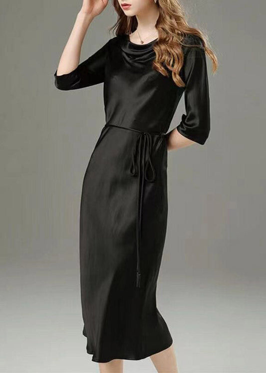 Classy Black Tie Waist Solid Silk Long Dress Half Sleeve