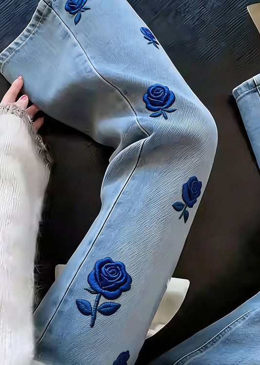 Classy Blue Embroidered Floral Denim Straight Pants Spring