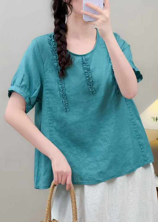 Classy Blue Ruffled Cotton Loose Tops Summer