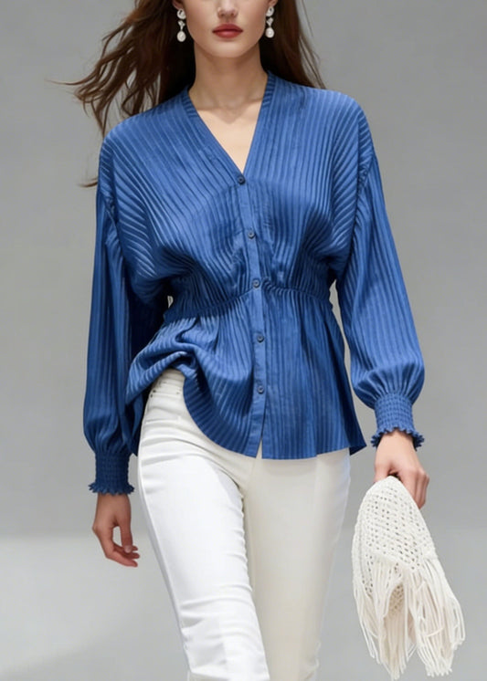 Classy Blue V Neck Button Patchwork Cotton Shirts Top Spring