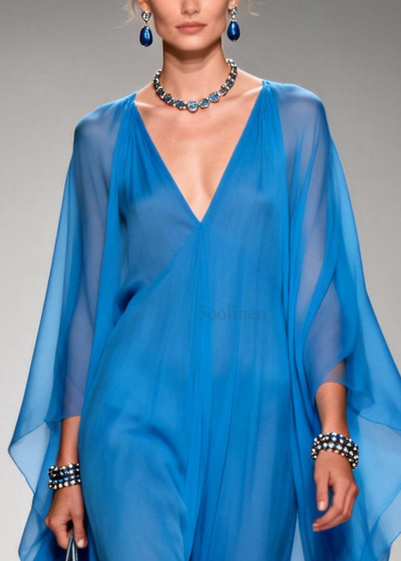 Classy Blue V Neck Draping Chiffon Dresses Summer