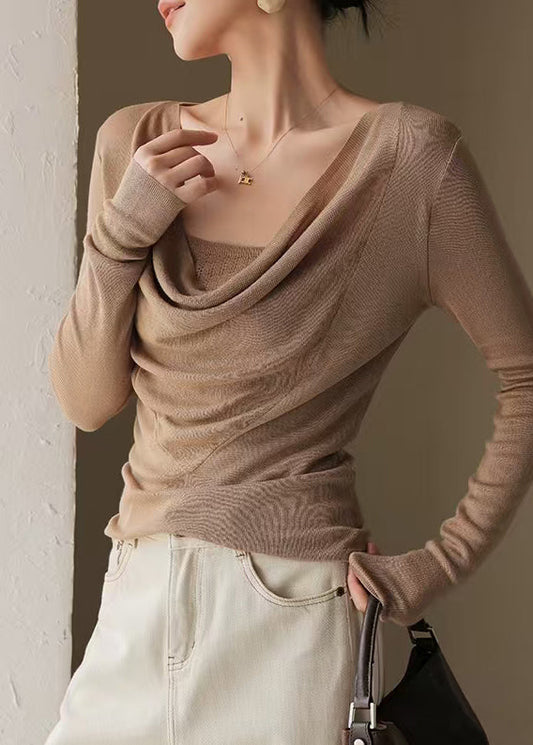 Classy Brown Turtle Neck Silm Fit Knit Top Spring