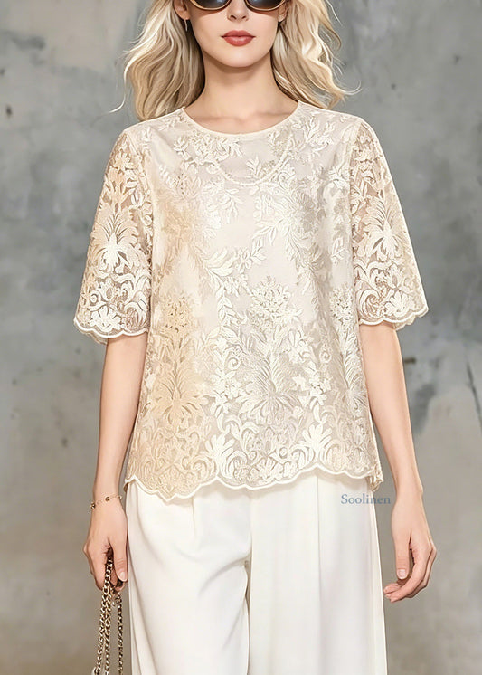 Classy Champagne O-Neck Floral Lace T Shirt Summer