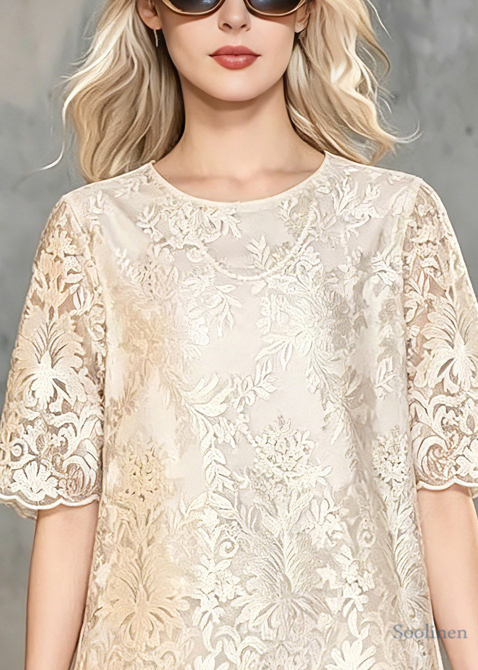 Classy Champagne O-Neck Floral Lace T Shirt Summer