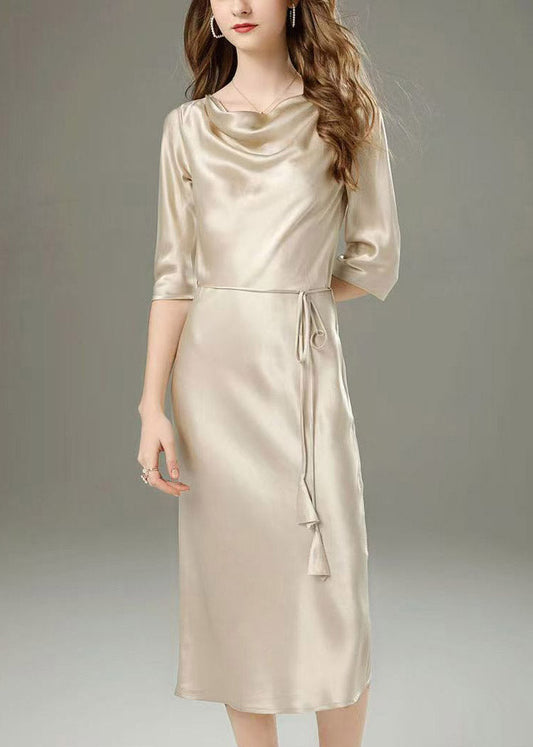 Classy Champagne Tie Waist Solid Maxi Dress Half Sleeve