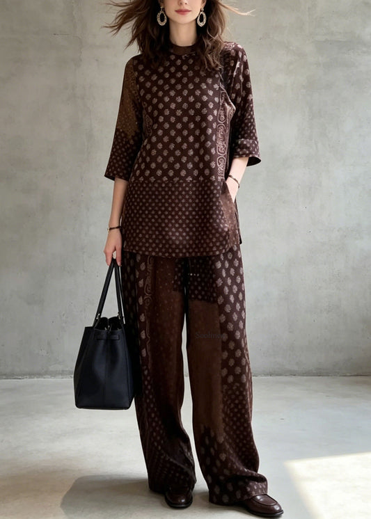 Classy Coffee Print Top And Pants Silk Two Pieces Set Summer